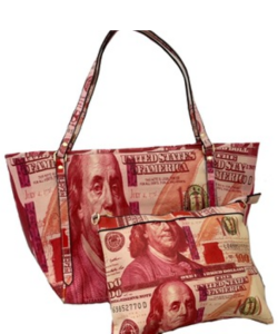 Oversize Hundred Dollar Bill Print Tote Bag With Pouch Set CA-6735 RED